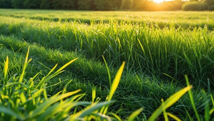 Poster - Lush Green Grassland Bathed in Sunset Light with Blades of Grass and Empty Space for Text in a Mown Meadow Setting