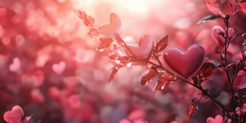 Poster - Delicate pink hearts hanging on branches with soft bokeh background creating a romantic atmosphere for Valentine's Day celebration