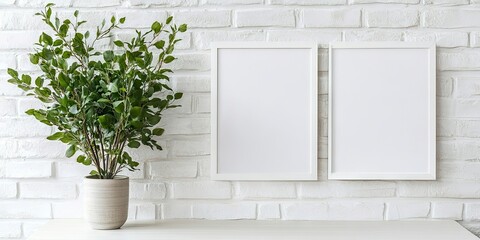 Leinwandbilder - Bright modern interior featuring two empty white frames on a textured white brick wall beside a lush green potted plant on a light surface.