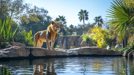 Wall Mural - big lion resting in a zoo setting with a fierce expression showing its strength as a wild predator i