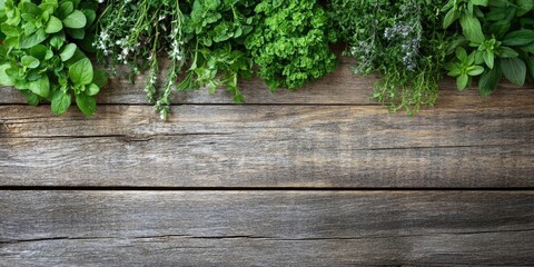 Aufkleber - Fresh green herbs like basil, parsley, and thyme arranged on a rustic wooden surface with ample negative space for text on the right side