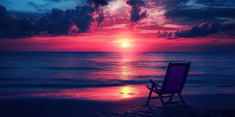 Poster - Summer sunset over calm waters with vibrant pink and purple hues, a lone deck chair on the beach silhouetted against the colorful sky.