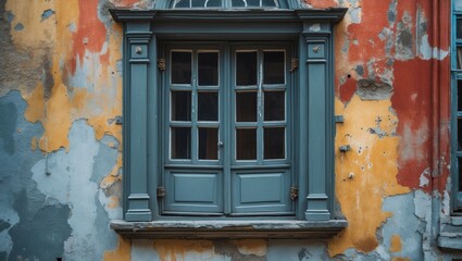 Poster - antique grey wooden window framed by weathered colorful wall in vintage building showcasing rustic a