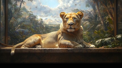 Wall Mural - big lion resting in a zoo setting with a fierce expression showing its strength as a wild predator i