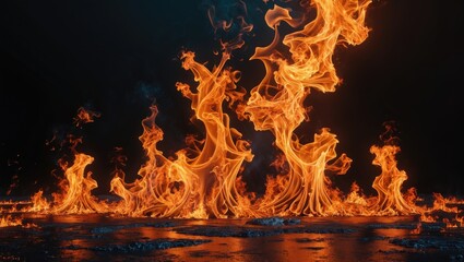 Poster - Realistic flame patterns against a dark background with vivid orange and yellow hues reflecting on a wet surface.