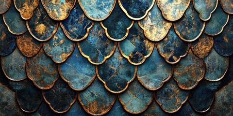 Poster - Textured turquoise and gold scales with intricate patterns creating a vintage look; placed in a uniform overlapping arrangement for depth and richness.