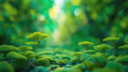 Poster - Vibrant green natural blurred background with lush foliage creating a serene and calming atmosphere in a woodland setting.