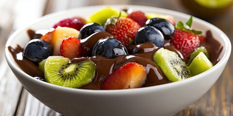 Poster - Delicious fruit bowl featuring strawberries, blueberries, kiwi, and apples drizzled with rich chocolate sauce, set on a rustic wooden table.