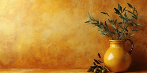 Aufkleber - Elegant olive oil jar on the left with olive branch, warm ocher background filling the space on the right for text or design elements.