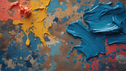 Poster - Vivid abstract paint splatter texture in blue, orange, and yellow hues on a textured background ideal for artistic and creative designs.