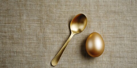 Poster - Golden spoon beside a shiny golden Easter egg on a neutral textured fabric background, ideal for culinary or festive themes.