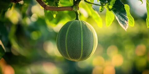 Poster - Green papaya hanging from its trunk in vibrant green hues against a blurred background highlighting its unique texture and natural setting.