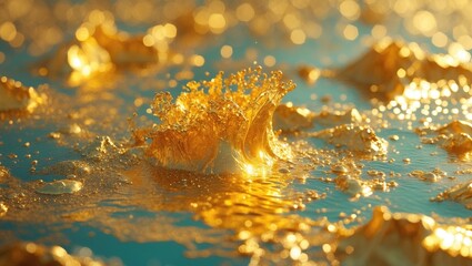 Poster - Shimmering golden liquid texture with dynamic splashes reflecting light in an artistic and abstract manner.