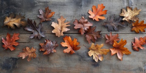 Leinwandbilder - Autumn oak leaves in warm hues of orange and brown scattered across a rustic wooden surface creating a cozy seasonal ambiance.