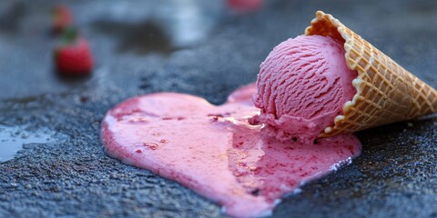 Aufkleber - Melting pink strawberry ice cream cone on dark textured surface with scattered strawberries in background creating a heart shape with the melting ice cream