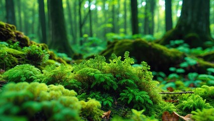 Poster - Lush green moss covering forest floor with vibrant foliage creating a peaceful and serene woodland atmosphere in natural light.