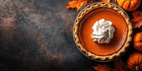 Poster - Pumpkin pie topped with whipped cream on a dark textured surface surrounded by autumn leaves and small pumpkins in warm orange hues.