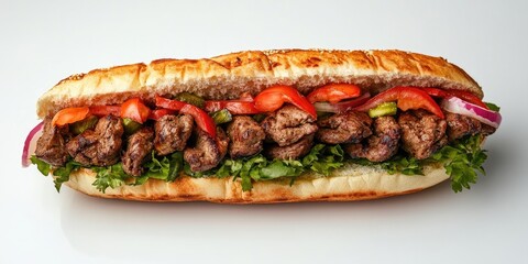 Aufkleber - Delicious kebab sandwich with grilled meat, fresh lettuce, tomatoes, and onions on a white background showcasing vibrant colors and textures.