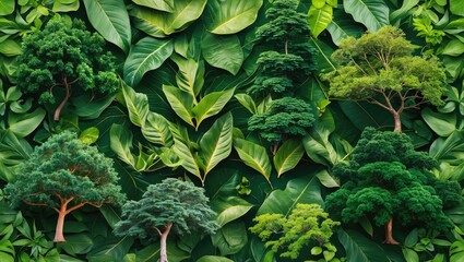 Poster - Lush green foliage background with various types of trees showcasing vibrant leaves and branches in a harmonious natural composition.