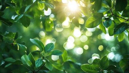 Poster - Lush green leaf background with light shining through, creating a bokeh effect that symbolizes a vibrant and tranquil natural world.