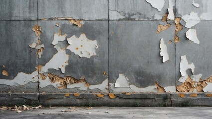 Poster - Urban decay with gray cement wall showcasing peeling paint and texture details, perfect for backgrounds and design projects.
