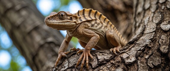 Poster - Lizard perched on a tree trunk displaying intricate textures and colors in a natural habitat setting amidst blurred foliage.