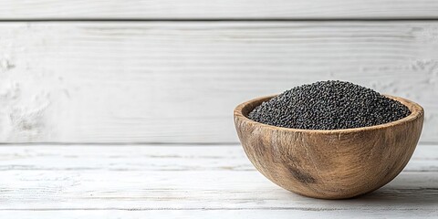 Poster - Poppy seeds in a rustic wooden bowl on the right, against a textured white wooden background with ample negative space on the left