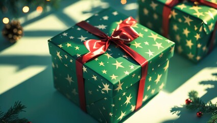 Poster - Festively wrapped green Christmas gift box with star patterns and red ribbon casting soft light shadows on a serene holiday backdrop.