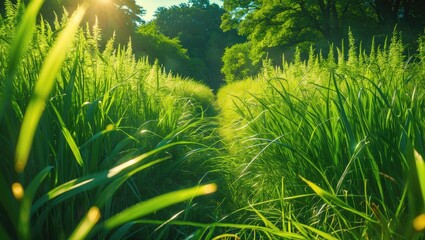 Poster - Lush green grass pathway in sunlight surrounded by trees creating a serene natural landscape in the wild.