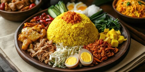 Aufkleber - Vibrant traditional Asian plate featuring yellow rice with chicken, vegetables, and garnishes arranged aesthetically on a brown wooden platter.