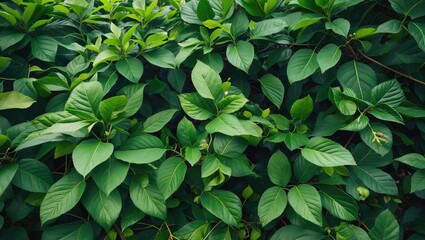 Poster - Lush green leaves creating a vibrant natural backdrop in a serene park setting showcasing nature's tranquility and beauty.