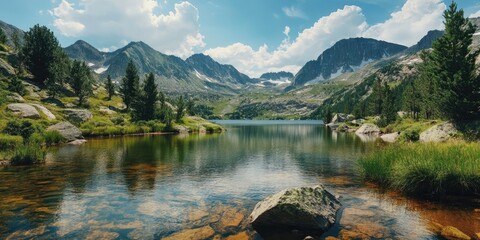 Aufkleber - Serene mountain landscape with calm lake reflecting blue sky and fluffy clouds surrounded by lush green vegetation and rugged peaks in background