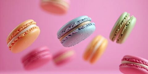 Poster - Colorful macarons in mid-air display with a vibrant mix of pastels including pink, blue, green, orange on a soft pink backdrop.