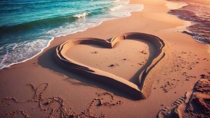 Wall Mural - heart shape made of sand on a beach with gentle waves and a sunset in the background creating a roma