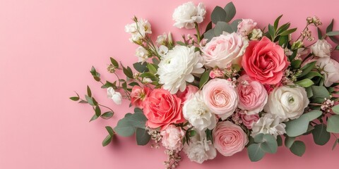 Aufkleber - Colorful floral arrangement featuring pink and white roses, ranunculus, and greenery on a soft pink backdrop, arranged asymmetrically from the left.