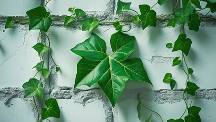 Poster - Lush green ivy leaves on a textured white cement wall creating a fresh and natural background perfect for eco-friendly designs