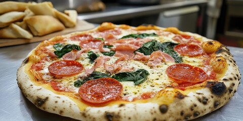 Poster - Authentic Italian pizza featuring pepperoni, fresh spinach, and ham on a golden crust, with a blurred kitchen background showcasing a warm atmosphere.