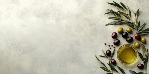 Poster - Fresh green and dark olives with an olive branch and a glass jar of oil on a textured light background ample negative space for text placement