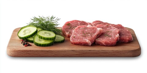 Poster - Raw pork schnitzel slices arranged neatly on a wooden board accompanied by pickled cucumber slices and fresh dill against a clean white background