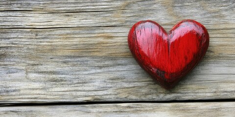 Fototapete - Red wooden heart placed on aged textured wood surface, featuring natural tones and grooves, positioned slightly left of center.
