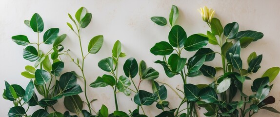 Poster - Lush green indoor plant leaves with light background showcasing natural aesthetics and vibrant freshness for interior decor inspiration.