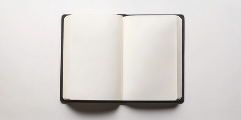 Poster - Blank open notebook with black cover centered on a plain white background casting soft shadows emphasizing simplicity and minimalism.