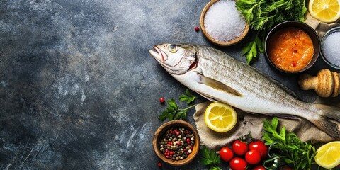 Aufkleber - Fresh raw hake fish surrounded by fresh tomatoes, lemon slices, herbs, and spices on a textured dark backdrop creating a vibrant cooking scene.