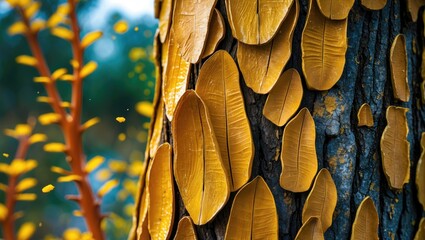 Poster - Detailed close-up of Koelreuteria paniculata bark showcasing golden rain tree texture and vibrant leaf-like patterns in natural setting.