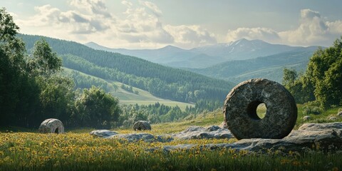Leinwandbilder - Serene landscape featuring three large stone circles in a grassy meadow with vibrant yellow flowers, green hills, and distant mountain range under a blue sky.