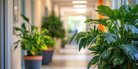 Poster - lush green plants line a modern school hallway with soft white walls and warm light, creating a vibr