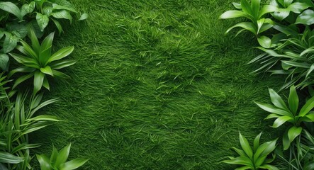 Poster - Lush Green Grass Background Surrounded By Vibrant Plants With Clear Space Ideal For Text And Garden-Themed Designs