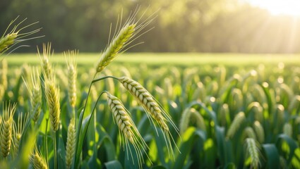 Poster - Lush green wheat field illuminated by warm sunlight creating a serene agricultural landscape in the background.