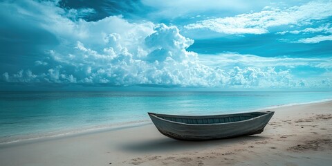 Aufkleber - tranquil beach scene with a weathered wooden boat on smooth sand amidst turquoise waters and dramatic clouds in a serene coastal setting