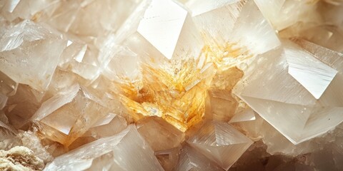Aufkleber - Macro view of transparent barite crystals showcasing intricate structures with translucent white, soft orange highlights, emphasizing unique textures and patterns.